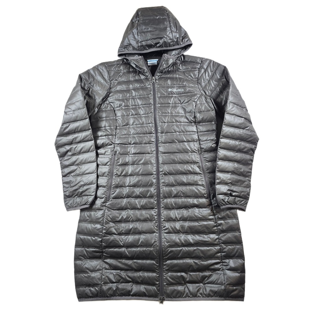 Columbia Long Down Puffer Jacket Women Large Gray Silver Fill Packable Hooded